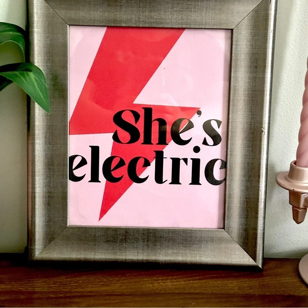 She’s Electric Lightning Bolt Red & Pink Canvas Art Print Silver Framed Wall Art